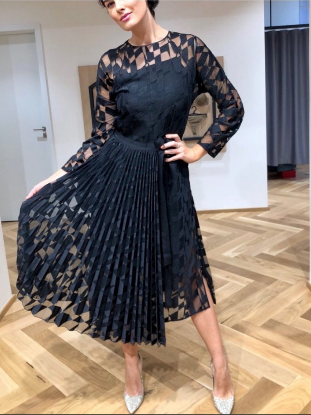 Hugo Boss Black Geometric Sheer Pleated Maxi Dress